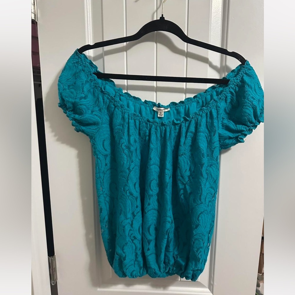 Y2k Teal off the shoulder top